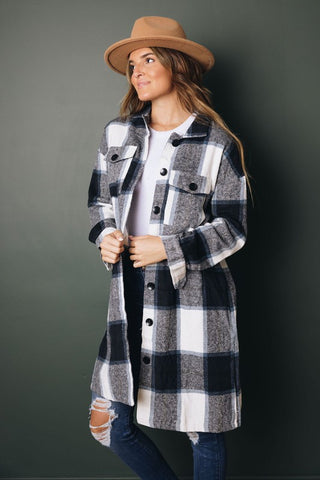 Shirt Collar Plaid Jacket - Blue