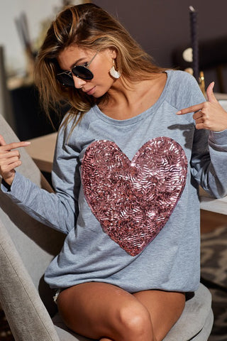Sequined Heart Top - Gray and Pink