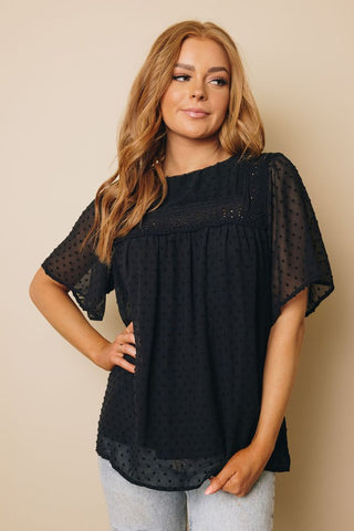 Swiss Dot Half Sleeve Top - Black