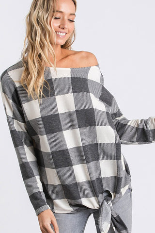 Ivory and Black  Buffalo Plaid Tie Top