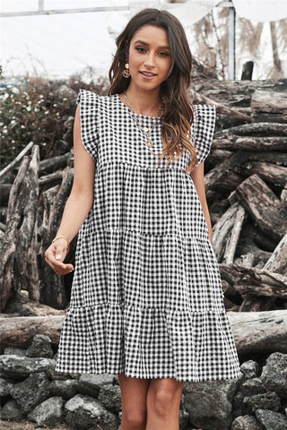 Gingham Ruffle Sleeve Dress - Black