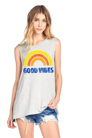 Good Vibes Sleeveless Graphic Top - Heather Gray