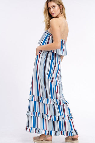 South of the Border Strapless Striped Maxi Dress - Gray Mix