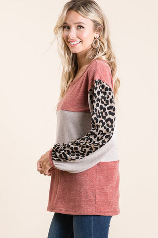 Leopard Sleeve Sweater Knit Top - Rust