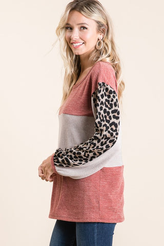 Leopard Sleeve Sweater Knit Top - Black