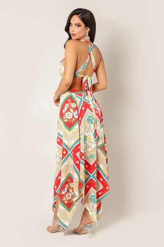 Abstract Print Maxi Dress with Cutout - Teal