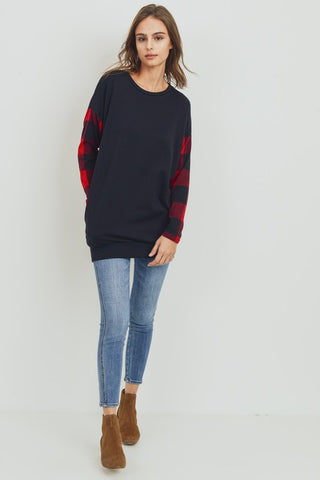 Elbow Patch Buffalo Plaid Tunic Top - Black