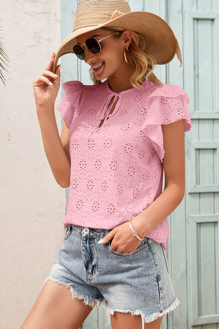 Eyelet Design Flutter Sleeve Top - Pink