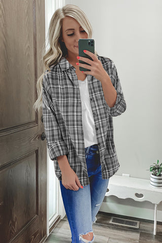 Relaxed Fit Plaid Button Up Top - Gray