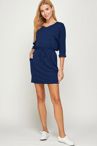 Casual Elastic Waist Dress - Navy