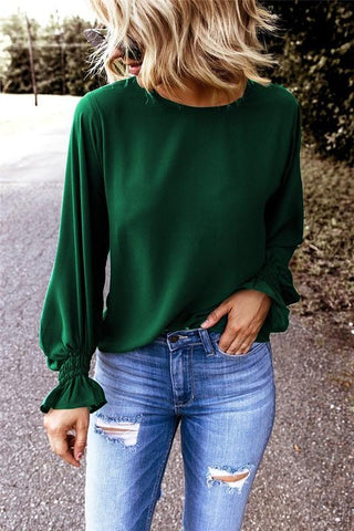 Crew Neck Balloon Sleeve Top - Green