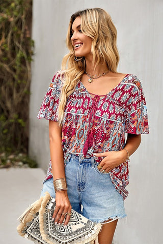 Drawstring Boho Style Summer Top - Wine