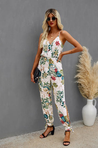 Spaghetti Strap Jumpsuit - White Floral