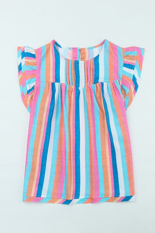 Linen Colorful Striped Ruffle Sleeve Top - Bright