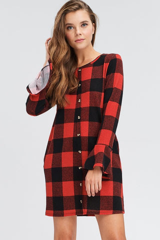 Buffalo Plaid Bell Sleeve Dress - Red