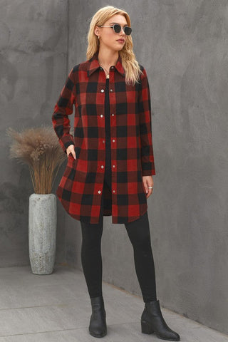 Duster Length Snap Flannel Plaid Shirt - Red
