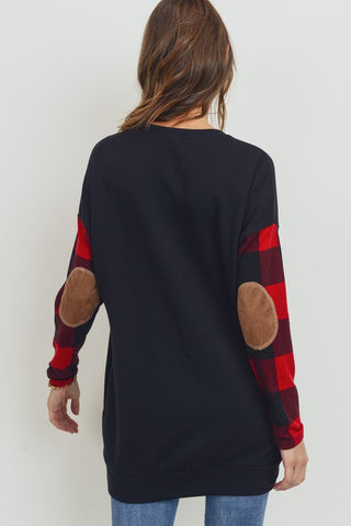 Elbow Patch Buffalo Plaid Tunic Top - Black