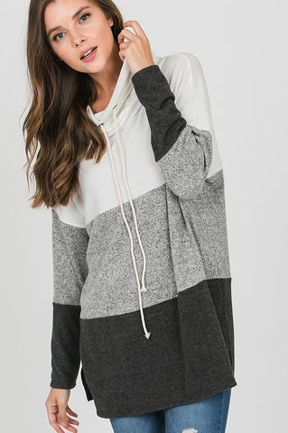 Cozy Cowl Neck Color Block Top - White and Charcoal