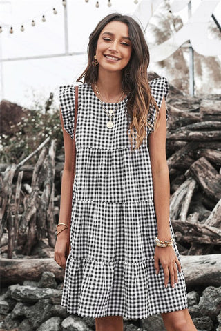 Gingham Ruffle Sleeve Dress - Black