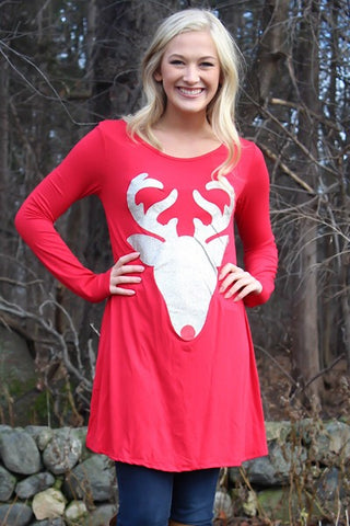 Glitter Reindeer Tunic - Red