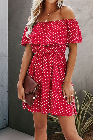 Polka Dot Off Shoulder Dress - Red