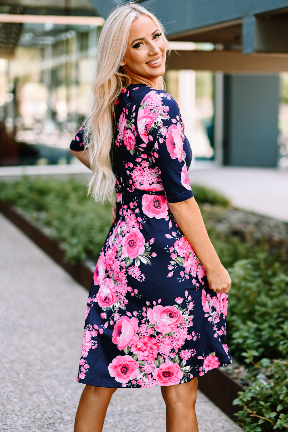navy blue prom dress with pink flowers Long Glitter-Print Prom Gown: Blondie Nites 5273BN Navy/Pink / 0