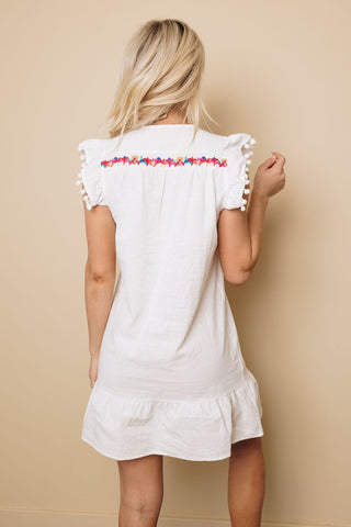 Embroidered Shift Dress with Pom Poms - White