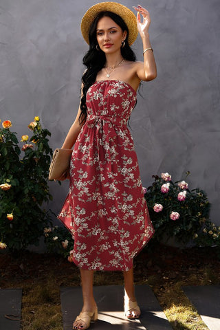 Strapless Floral Maxi Dress - Red