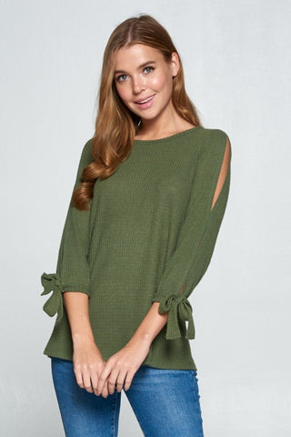 Waffle Weave Tie Sleeve Top - Olive