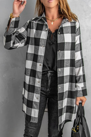 Duster Length Snap Flannel Plaid Shirt - Black