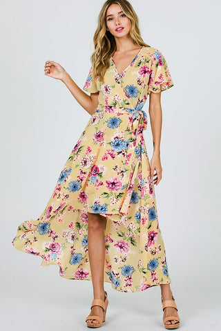 Gardens of Paradise High Low Wrap Dress - Lemon