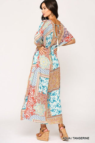 Boho Style Maxi Dress - Tangerine and Aqua