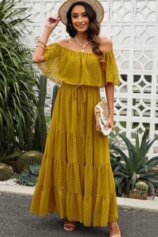 Off Shoulder Swiss Dot Maxi Dress - Yellow