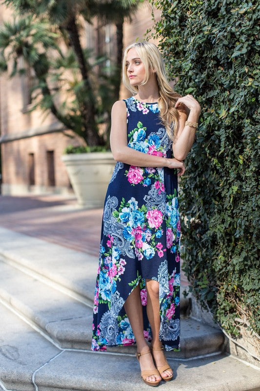 High Low Floral Maxi Dress Tropical Floral Blue Chic Boutique