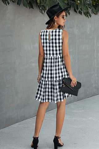 Checkered Sleeveless Dress -  Black