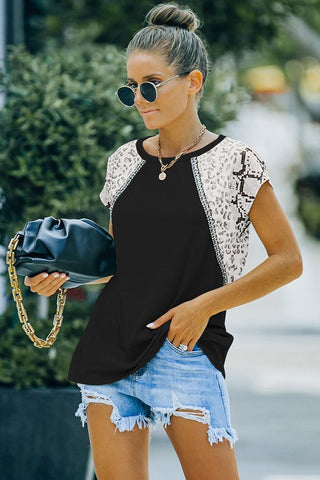 Leopard and Snakeskin Print Short Sleeve Top - White