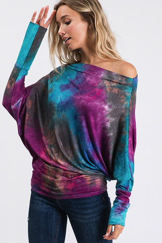 Tie Dye Dolman Top - Aqua and Plum