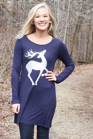 Glitter Reindeer Tunic Top - Navy