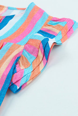 Linen Colorful Striped Ruffle Sleeve Top - Bright