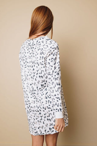 Long Sleeve Leopard Print Shift Dress with Pockets - White