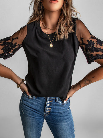 Lace Sleeve Short Sleeve Top - Black