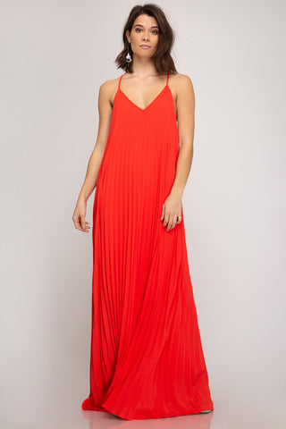 Pleated Maxi Dress - Red