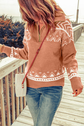 Aztec Zip Up Sweater - Pink