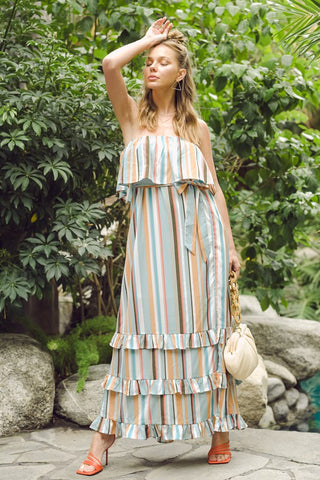 South of the Border Strapless Striped Maxi Dress - Emerald Mix