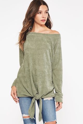 Fuzzy Tunic Top with Tie Bottom - Olive