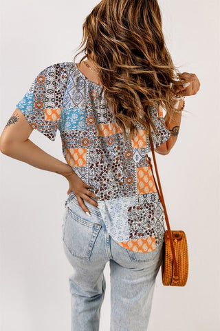 Patchwork Style Flutter Sleeve Top