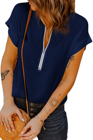 Short Sleeve Zip Up Top - Navy