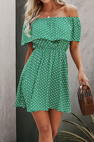 Polka Dot Off Shoulder Dress - Green
