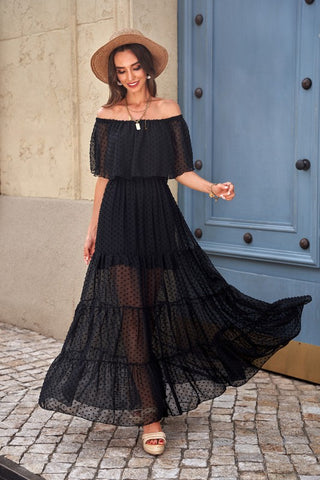 Off Shoulder Swiss Dot Maxi Dress - Black