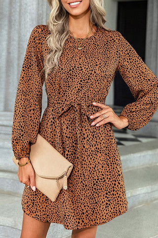 Dots Long Sleeve Tie Dress - Beige
